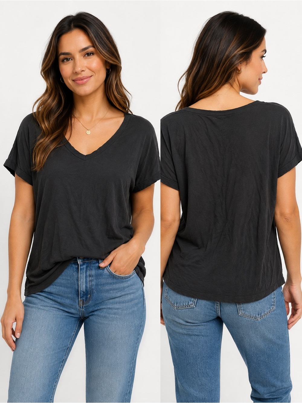 Quince Black very soft scoop V-Neck Short Sleeve Tee size large
